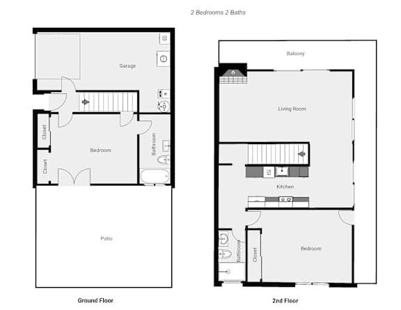 A floor plan of a two-story house with two bedrooms and two bathrooms.